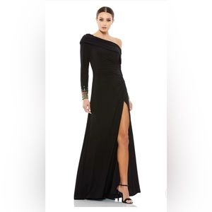 MAC DUGGAL, BEADED CUFF DROP SHOULDER FAUX WRAP GOWN